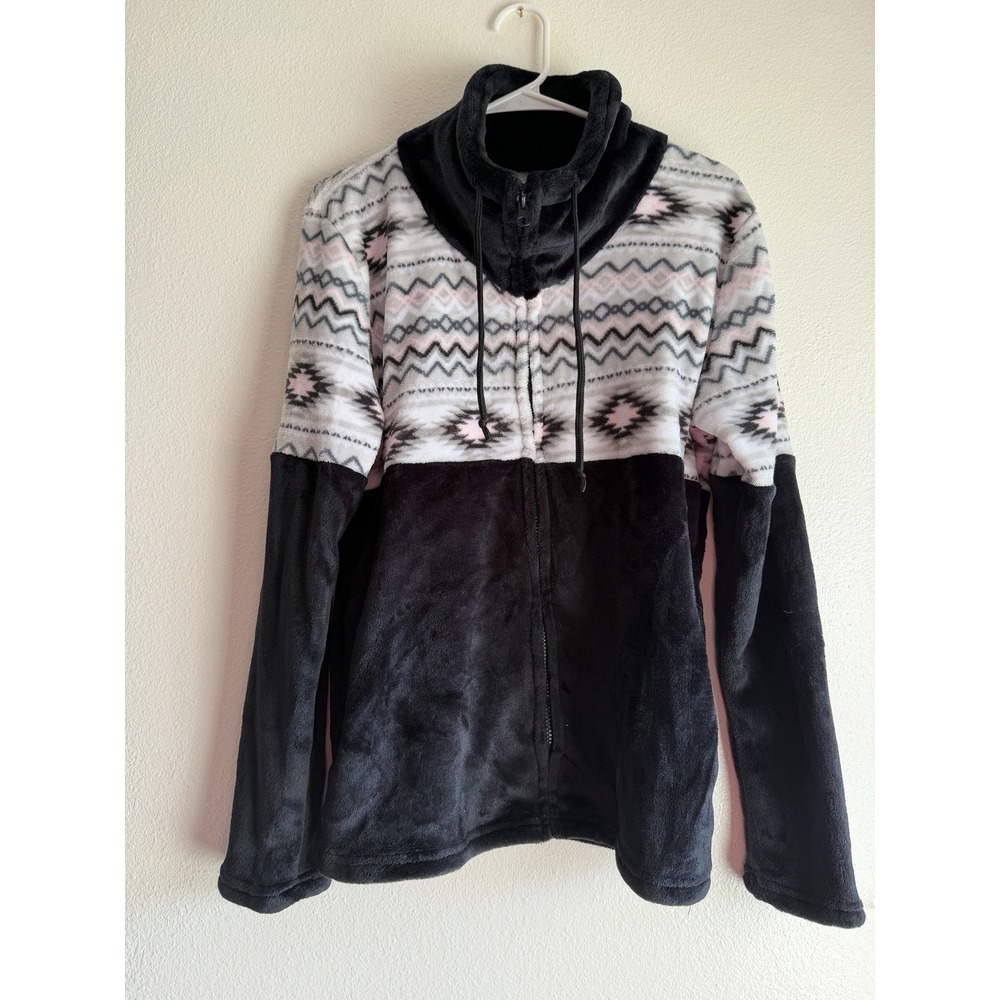Trail Crest women‎ Size Large Cozy Aztec Fleece Jacket Black Grey Pink